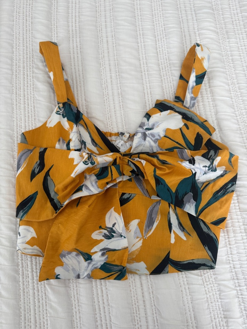Mustard Floral Tie-Front Crop Top